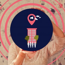 Graphic of people at building