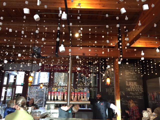 Bar with marshmallows hanging from ceiling