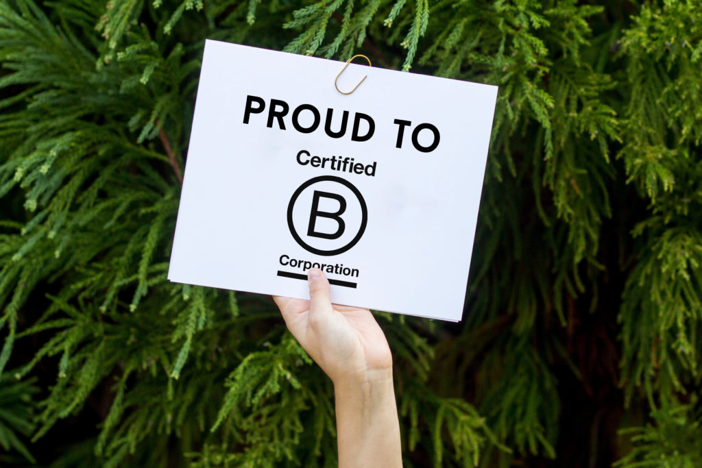 "Proud to certified B corporation" sign