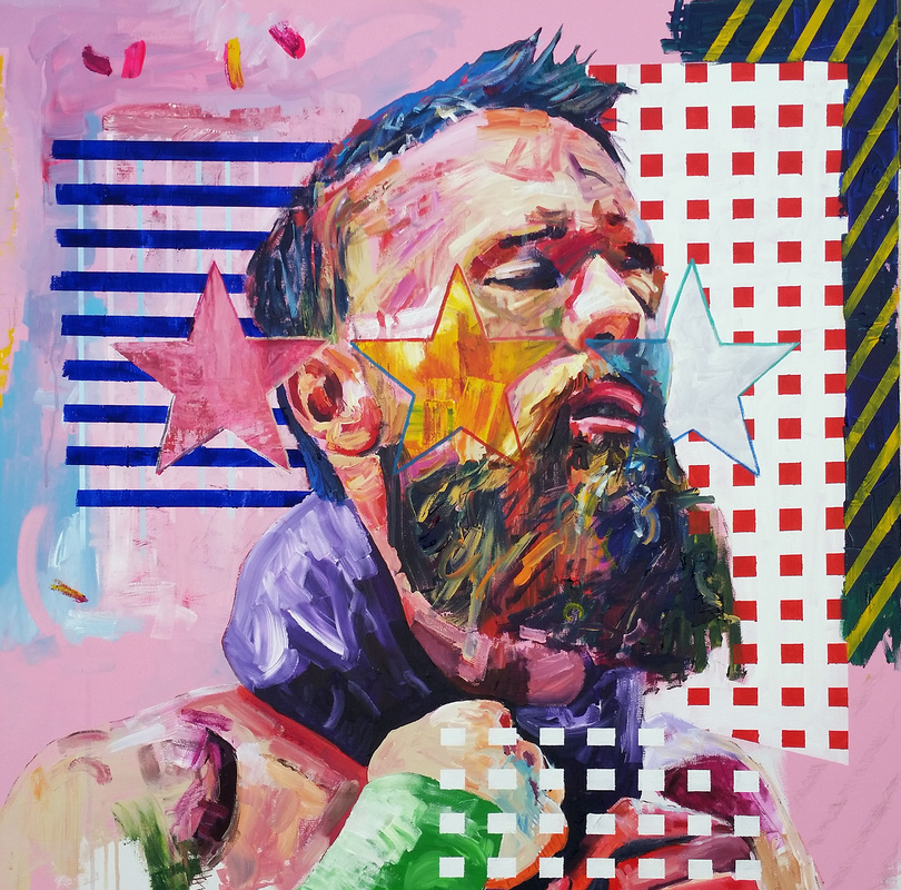 John McAfee painting of man's face with American flag symbols