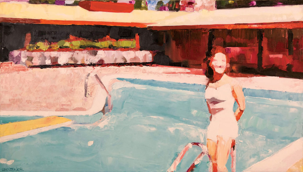 Painting of woman in front of a pool