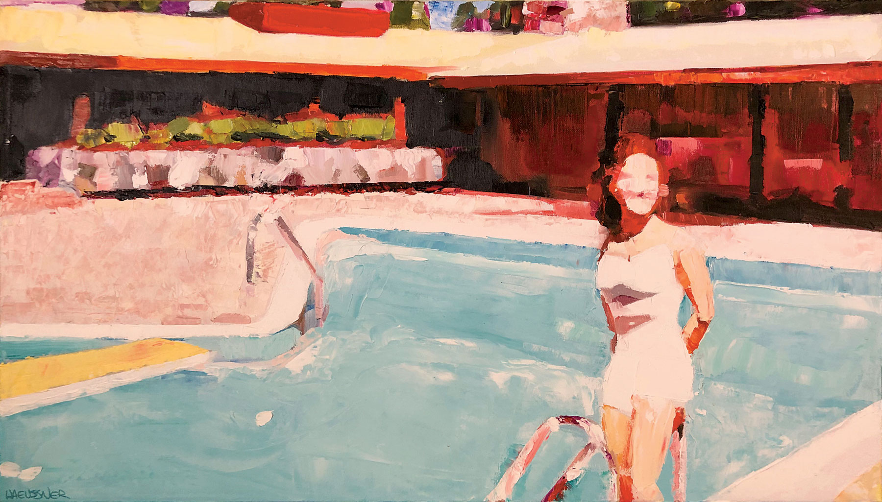 Painting of woman in front of a pool