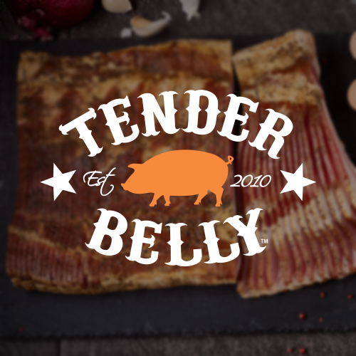 Blurry image of bacon with Tender Belly logo